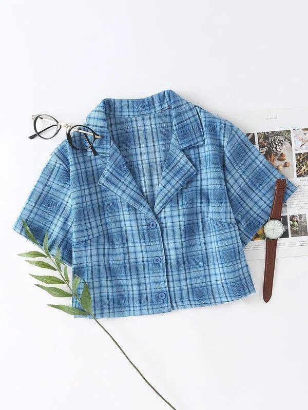Lapel Neck Tartan Blouse Satin Bow Blouse