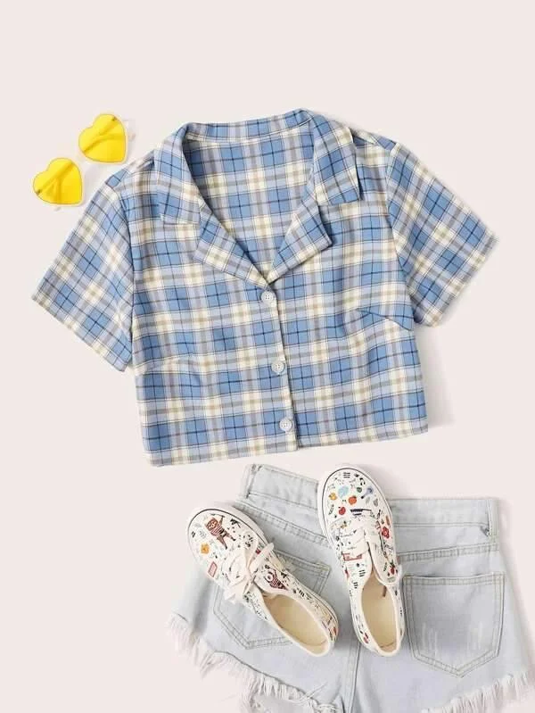 Button Up Tartan Crop Blouse Cotton Casual Blouse