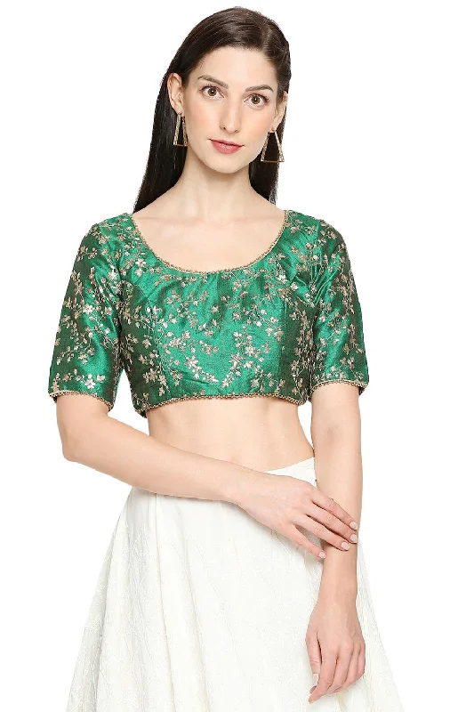 Green Mulbury Silk Embroidered Short Sleeves Blouse Soft Satin Blouse