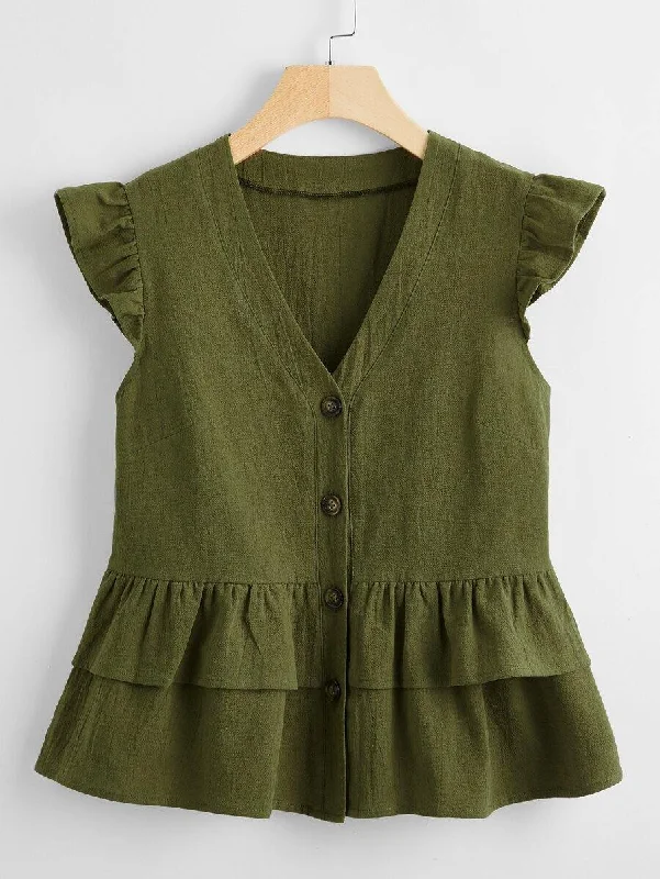 Solid Tiered Layer Babydoll Blouse Elegant Office Blouse
