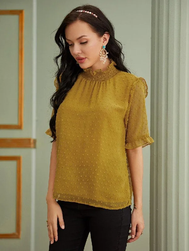 Swiss Dot Frilled Trim Shirred Detail Blouse Wrap Front Blouse