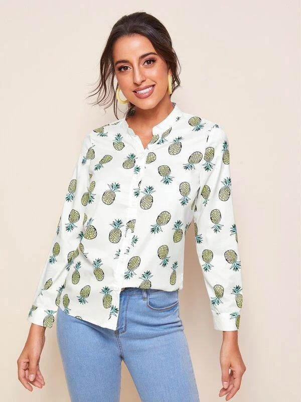 Notched Neck Allover Pineapple Print Blouse Romantic Lace Blouse