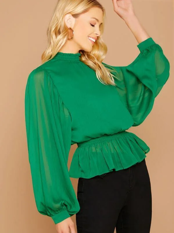 High Neck Bishop Sleeve Peplum Hem Blouse Peter Pan Collar Blouse