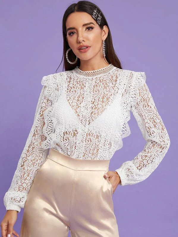 Guipure Lace Frill Trim Sheer Blouse Puff Sleeve Blouse
