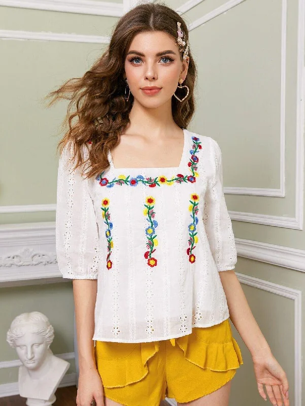 Floral Embroidered Schiffy Blouse Smart Casual Blouse