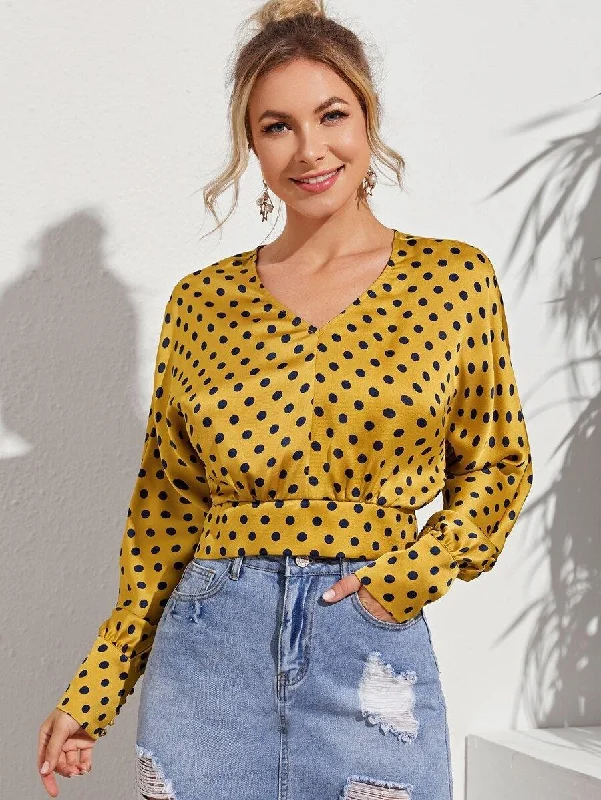 Polka Dot Shirred Crop Blouse Satin Long Blouse