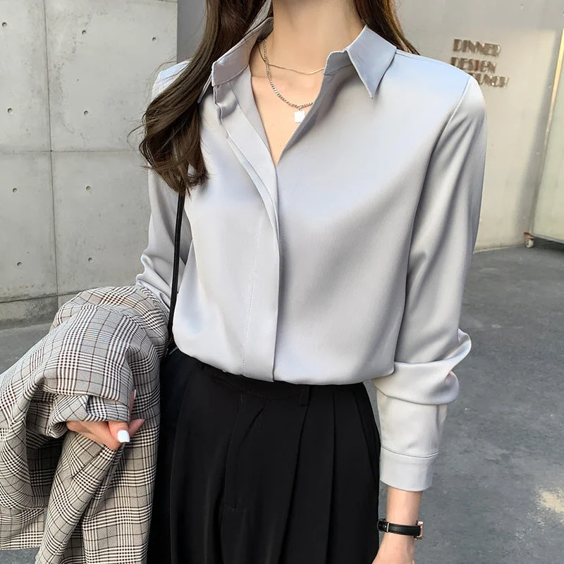 Long Sleeve Casual Women's Silky Satin Shirt-- Welt Pockets Slit Pockets Flap Pockets