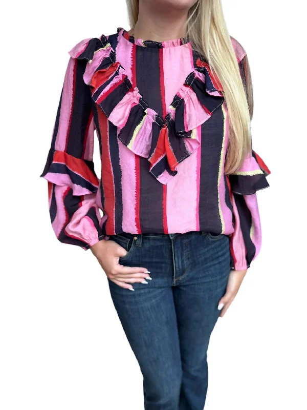 Stripe Ruffle Blouse In Multicolor Embellished Collar Blouse
