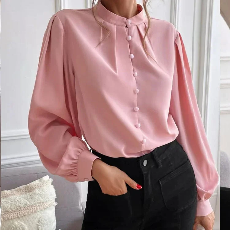 Wholesale New Elegant Solid Lapel Long Sleeve Single-breasted Loose Blouse with Solid Lapels Pastel Color Blouse