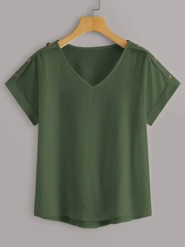 Solid Button Detail V-neck Blouse Modern Oversized Blouse