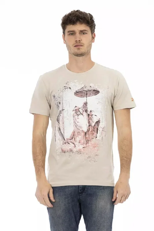 Beige Cotton Men T-shirt-- Striped Floral Plaid