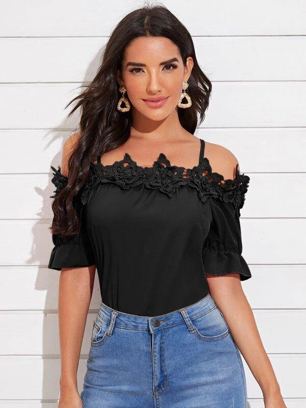 Appliques Cold Shoulder Solid Blouse Versatile Layering Blouse