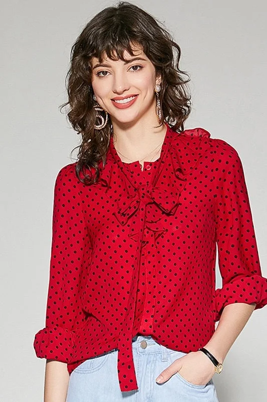 Chiffon Dot Blouse W/ Tie Versatile Layering Blouse