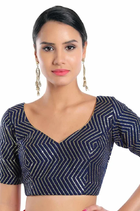 Navy Blue Silk Embroidered Short Sleeves Blouse Feminine Ruffle Blouse