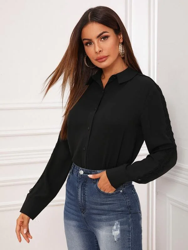 Lace Panel Curved Hem Button Up Blouse Office-Ready Blouse