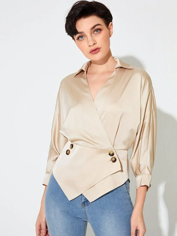 Collared Buttoned Front Asymmetrical Hem Satin Blouse Modern Work Blouse