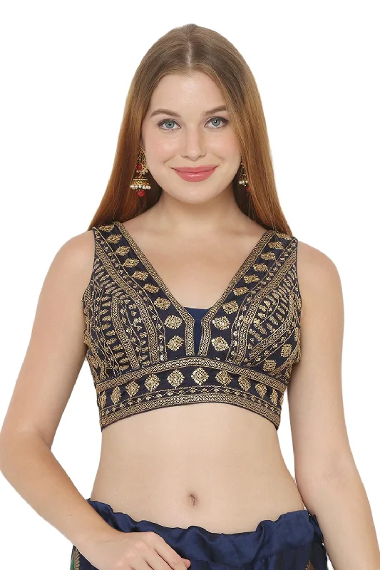 Dark Blue Art Silk Embroidered Sleeveless Blouse Puff Sleeve Blouse