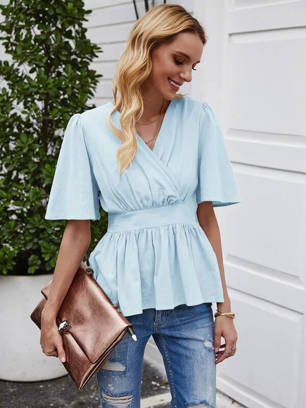 Solid Ruched Back Peplum Blouse Embroidered Cotton Blouse