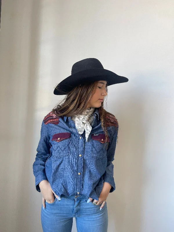 Wrangler Aztec Denim Boyfriend Snap Shirt-- Wool Fabric Cashmere Fabric Tweed Fabric Wrangler Aztec Denim Boyfriend Snap Shirt-- Wool Fabric Cashmere Fabric Tweed Fabric