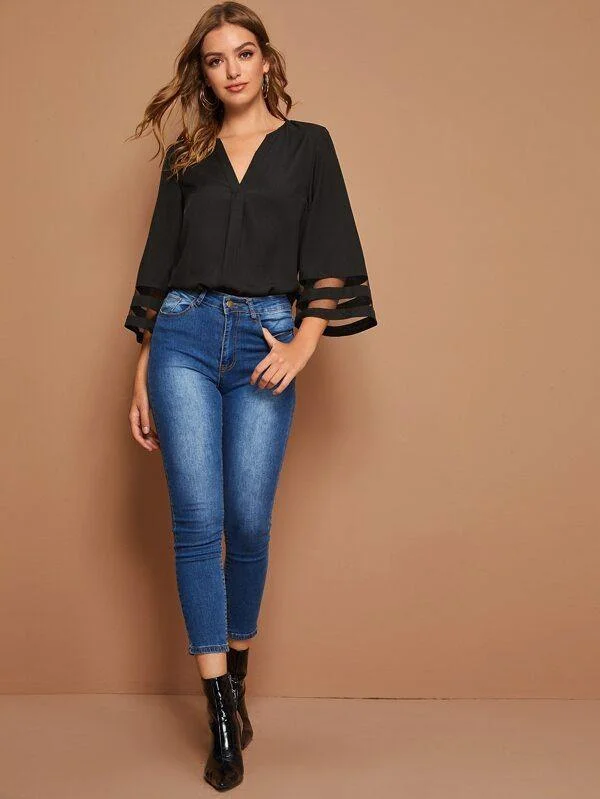 V-cut Neck Mesh Insert Blouse Versatile Layering Blouse