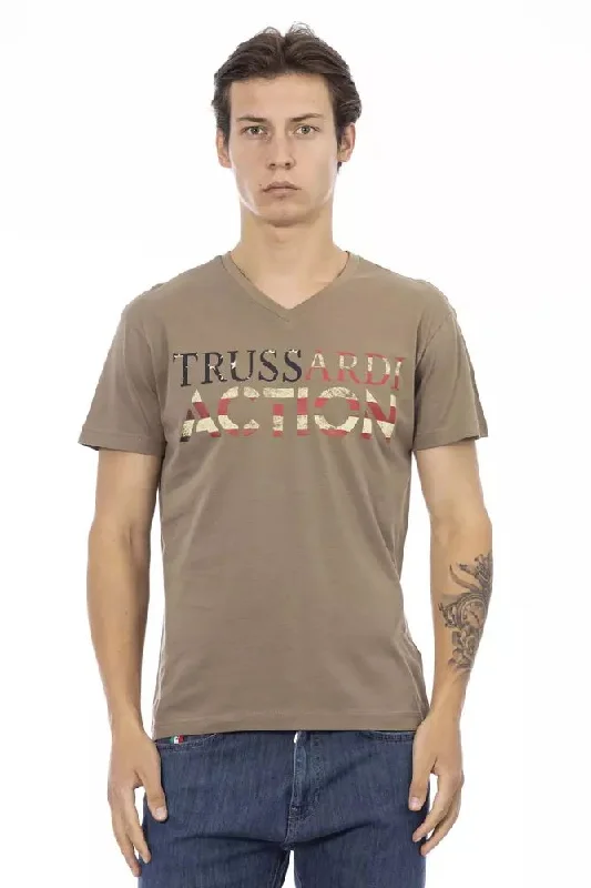 Brown Cotton Men T-shirt-- Solid Color Striped Floral