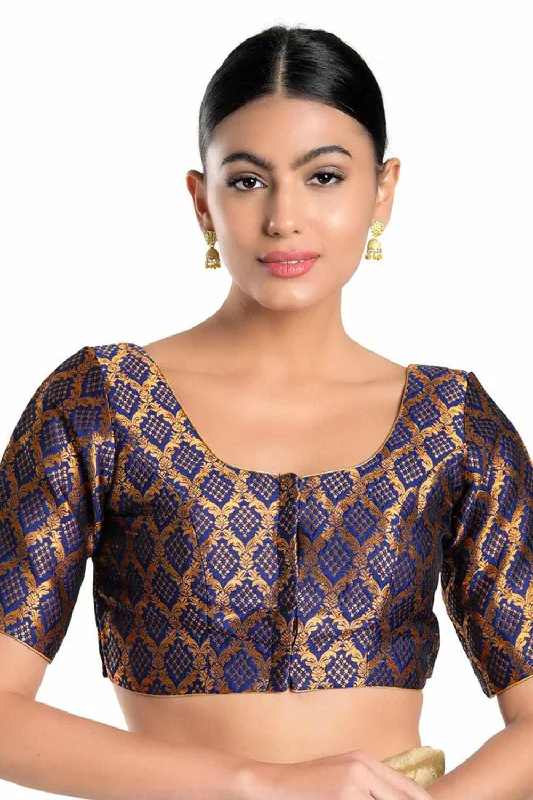 Navy Blue Brocade Woven Design Short Sleeves Blouse Silky Tunic Blouse