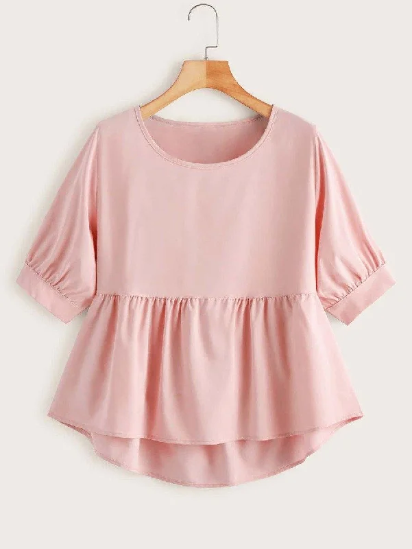 Solid High Low Babydoll Blouse Feminine Tie Blouse