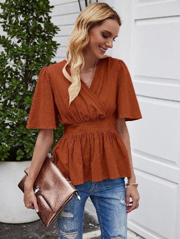 Solid Surplice Front Babydoll Blouse Cotton Casual Blouse