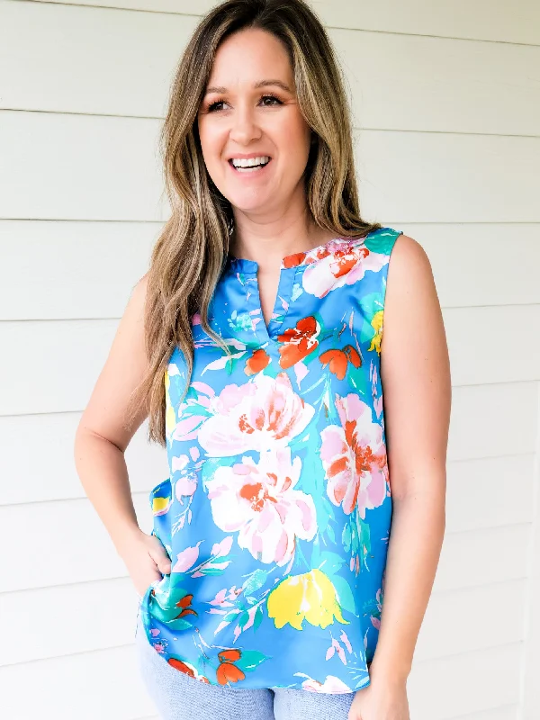 FLORAL SLEEVELESS BLOUSE - BLUE Stretchy Fitted Blouse