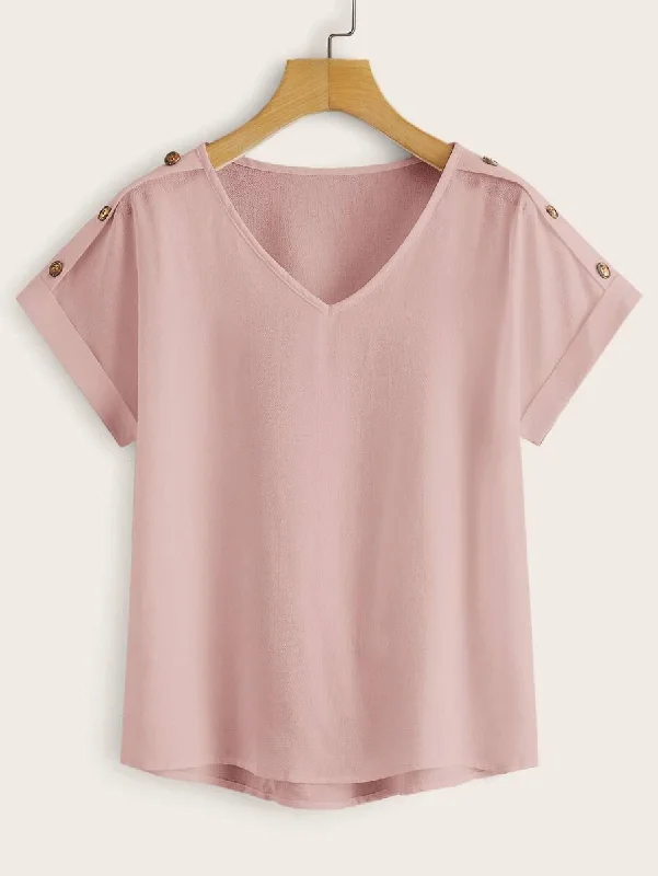 V-neck Button Detail High Low Blouse Sheer Sleeve Blouse