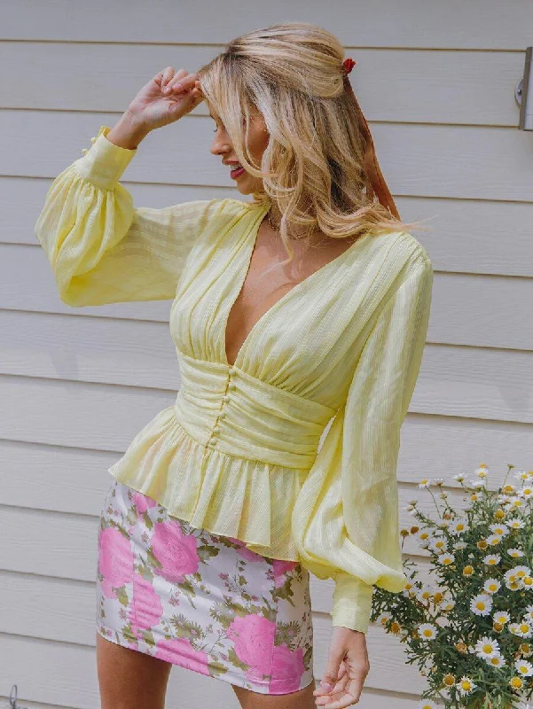 Gathered Wide Waist Lantern Sleeve Peplum Blouse Sweetheart Neck Blouse