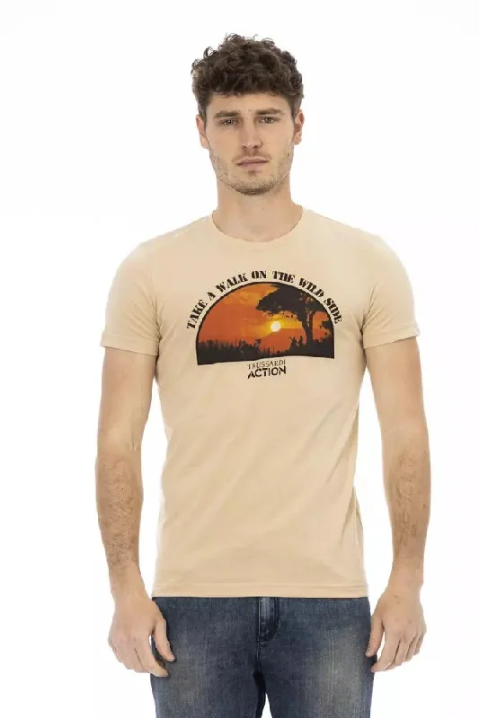 Beige Cotton Men T-shirt-- Silk Blend Satin Velvet