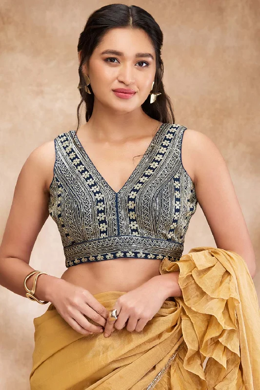 Navy Blue Brocade Embroidered Sleeveless Blouse Semi-Sheer Blouse