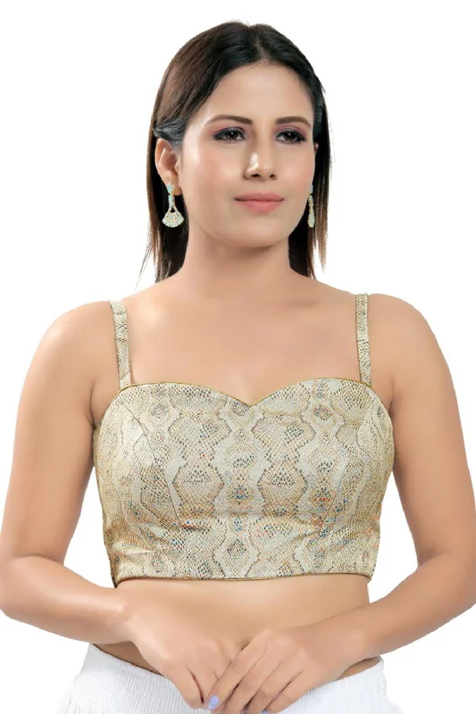Gold Brocade Printed Sleeveless Blouse Embroidered Floral Blouse