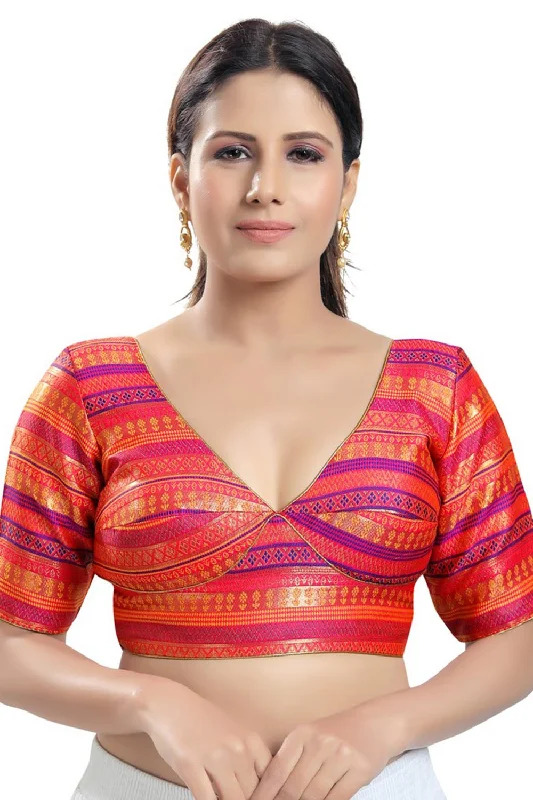 Baby Pink Brocade Printed Short Sleeves Blouse Classic Striped Blouse