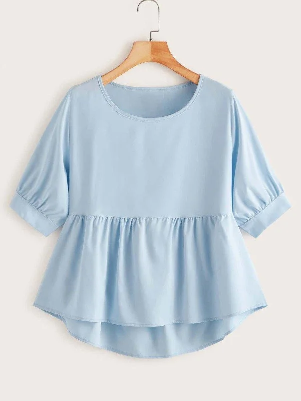 Solid High Low Babydoll Blouse Puff Sleeve Blouse