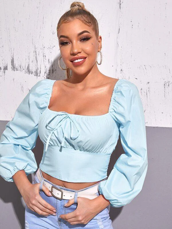 Knot Front Shirred Crop Blouse Short Sleeve Blouse
