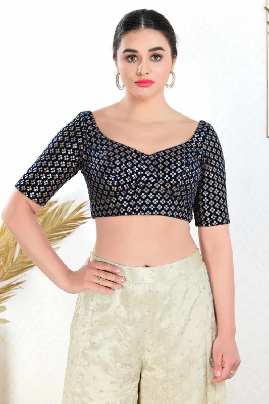 Navy Blue Velvet Embellished Short Sleeves Blouse Sweetheart Neck Blouse