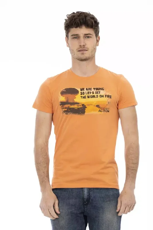 Orange Cotton Men T-shirt-- Beaded Sequined Faux Fur