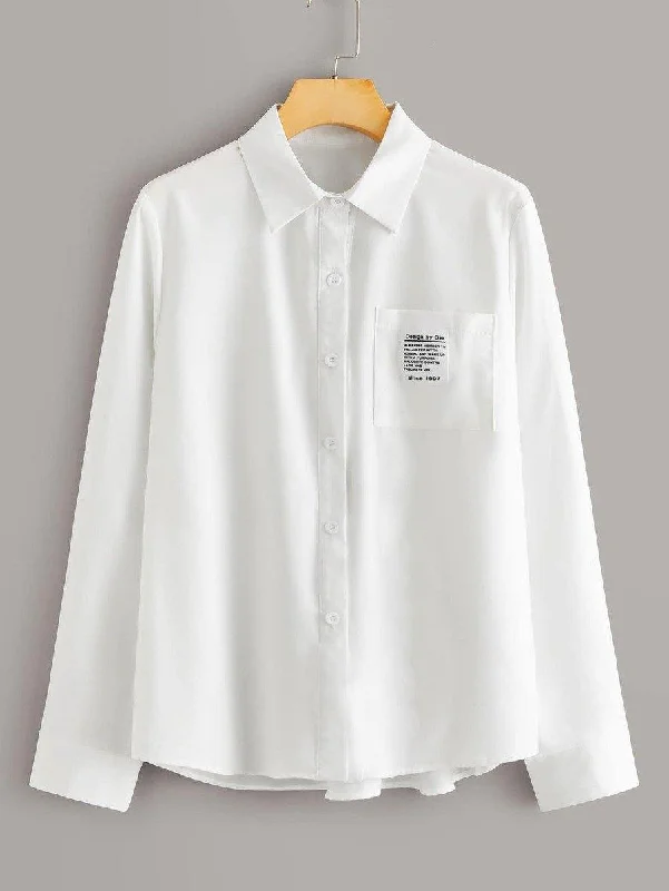 Letter Patched Pocket Button Up Blouse Feminine Pastel Blouse