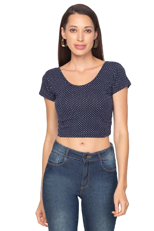 Blue Cotton lycra Printed Short Sleeves Blouse Side Tie Blouse