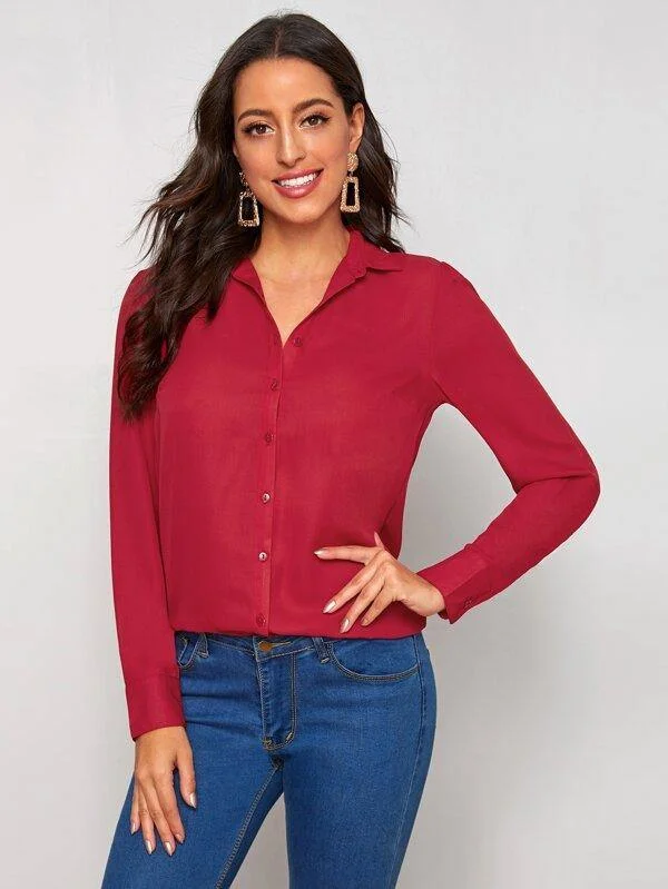 Button Through Solid Blouse Floral Print Blouse