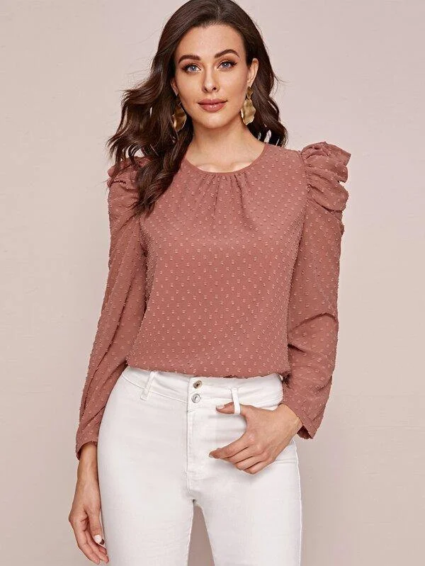 Swiss Dot Puff Sleeve Blouse Soft Knit Blouse