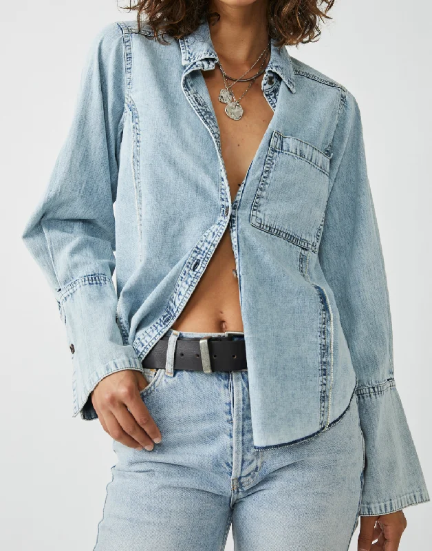 MacKenzie Vintage Denim Shirt Bell Sleeves-- Welt Pockets Slit Pockets Flap Pockets