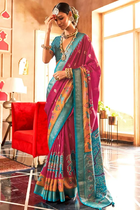 Hot Pink Patola Silk Contemporary Saree With Unstitched Blouse Double-Layered Blouse