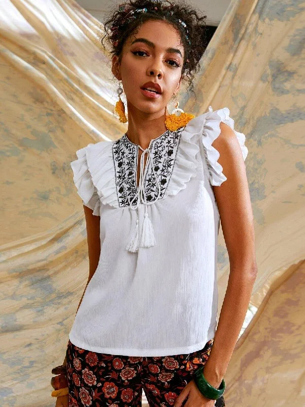 Floral Embroidered Tie Tassel Ruffle Blouse Silky Tunic Blouse