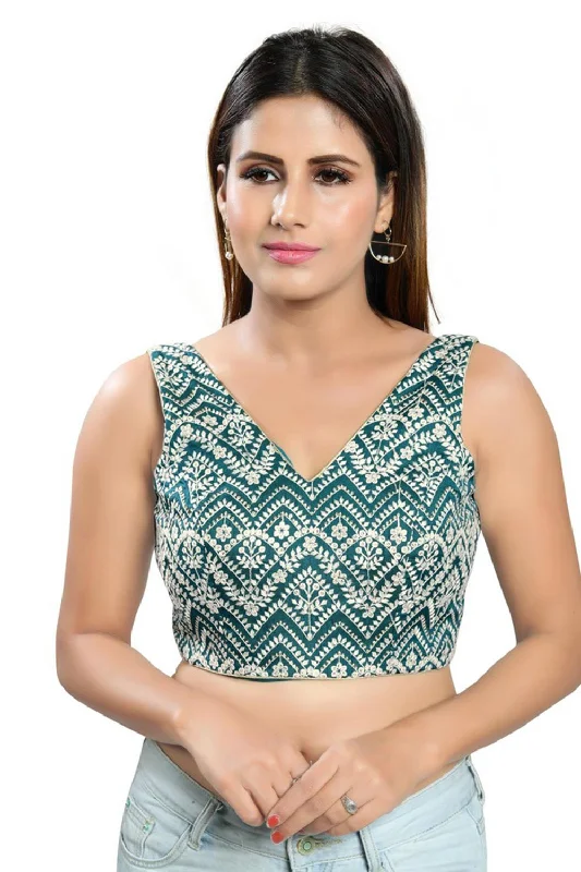 Cobalt Blue Art Silk Embroidered Sleeveless Blouse Semi-Sheer Blouse