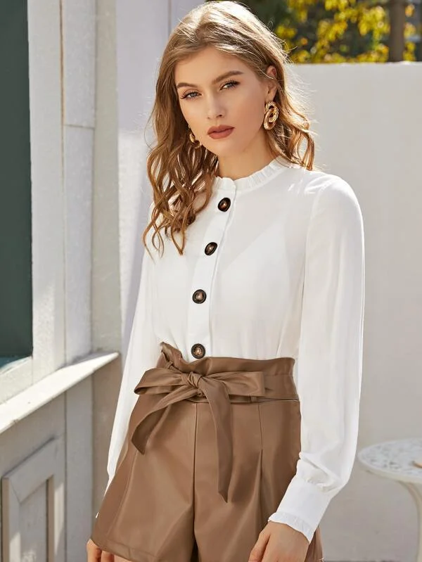 Frill Trim Button Front Sheer Blouse Without Bra Modern Oversized Blouse