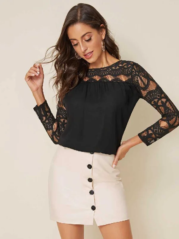 Keyhole Back Lace Yoke Blouse Ruffled Neck Blouse
