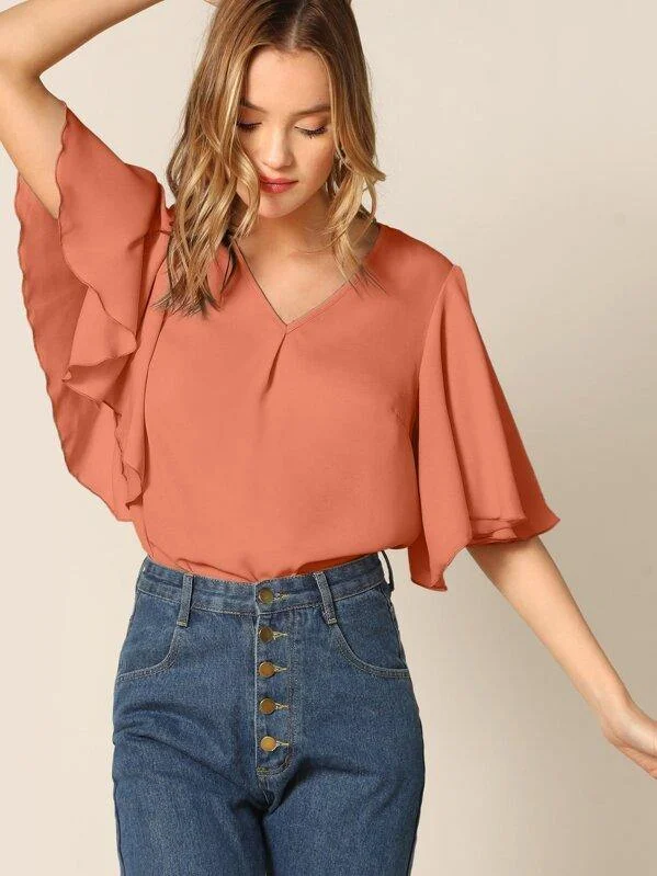 V-cut Butterfly Sleeve Blouse Polished Work Blouse